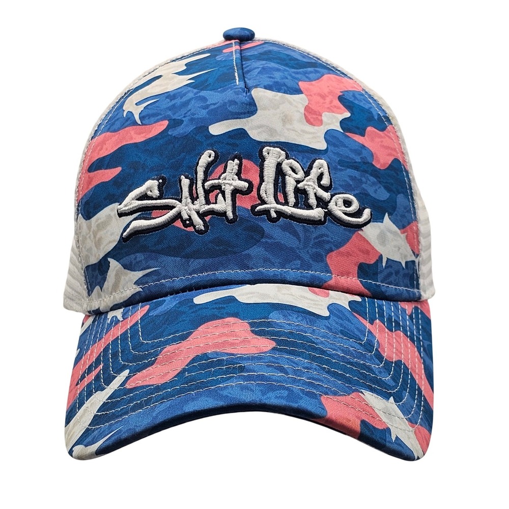 Salt Life Performance Trucker Hat Blue Camo Marlin White Mesh Snapback Cap OSFA